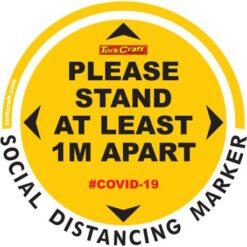 Covid 19 - 400mm Round Social Distancing Graphic - Tork Craft Yellow 1.0 Mtr Apart Please - Image 1