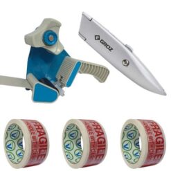 SourceDirect - Tape Dispenser with 50m Fragile Tape (x3) and Utility Knife - Image 1