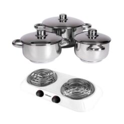 Xcalibur - 6 Piece Stainless Steel Cookware Set with Hotplate - White - Image 1