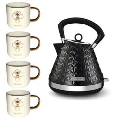 Morphy Richards - 1.5L BlackPlastic Kettle & Ceramic Mugs 330ml- Pack of 4 - Image 1