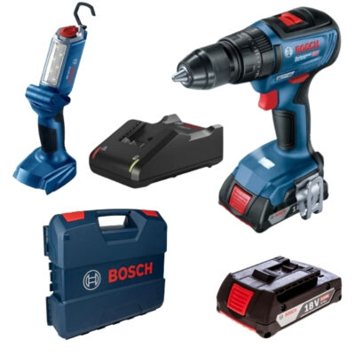 Bosch – Cordless Impact Drill, 2 x 2.0Ah, Charger & Cordless Jobsite Light