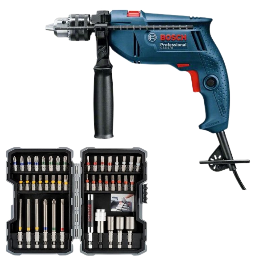 Bosch – Impact Drill (GSB570) with Screwdriver & Nutsetter Bits Set (43Pcs)