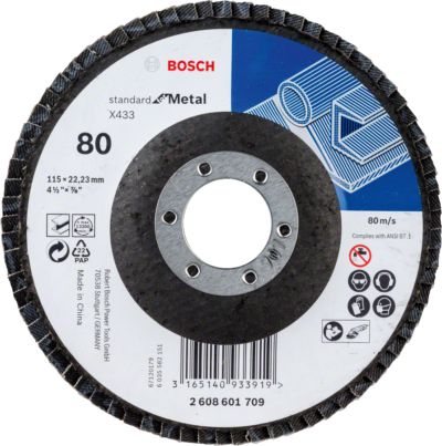 Bosch – Flap disc Standard for Metal 115mm 22,23mm 80 straight – Pack of 10